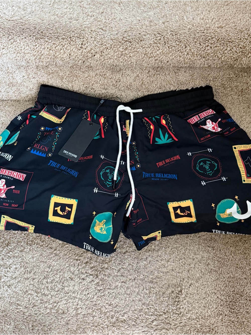 True Religion Resort Board Swim Shorts with Multicolor Graphic Patches (NEW)
